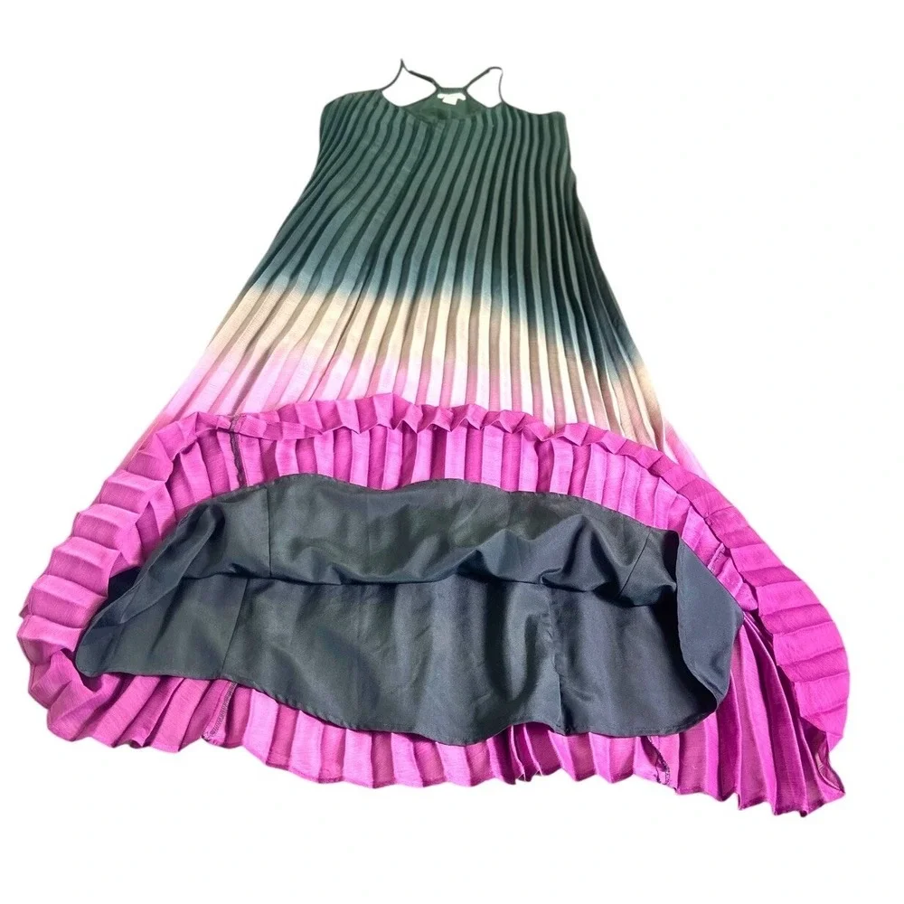 Bar III Women Black Pink Ombre Razor Back Pleated Maxi Sheer Lined Dress Size S